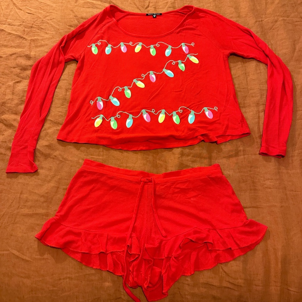 Wildfox Intimates red holiday waffle pajamas shorts long sleeve set XS